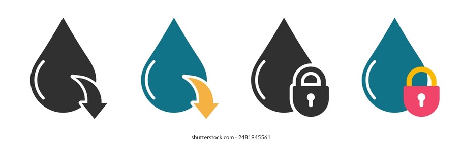 Wassertropfen Niedriger Pegel und Schloss-Sicherheits-Symbol, Wasserfeuchtigkeit verringern Pfeil nach unten und Zugang Sicherheits-Vorhängeschloss-Zeichen-Vektorgrafik-Grafik-Einfaches Piktogramm-Set, Dürresymbol Bild Clip Art