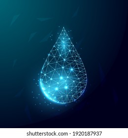 Water drop. Low poly style design. Futuristic modern abstract background. Isolated on dark blue background. Vector illustration Wireframe light connection structure, 3d graphic concept. 