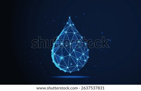 Water drop in low-poly style with wireframe light connections. 3D vector illustration. Science, biotechnology, chemistry, and medical concepts. Water drop isolated on a dark blue background.
