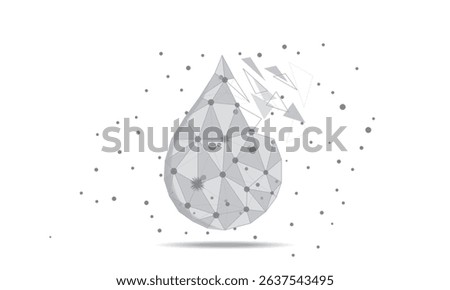 Water drop in low-poly style with wireframe light connections. 3D vector illustration. Science, biotechnology, chemistry, and medical concepts. Water drop isolated on a white background.