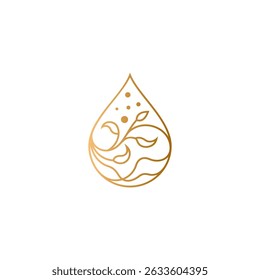 Water drop luxury logo with natural leaf combination in gold color