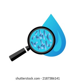 Water Drop With Magnifier And Bacterium Legionella. Symbol Of Legionella Water Test. Icon Of Legionnaire Disease. Vector Illustration Eps10