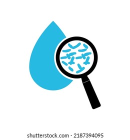 Water Drop With Magnifier And Bacterium Legionella. Symbol Of Legionella Water Test. Icon Of Legionnaire Disease. Vector Illustration