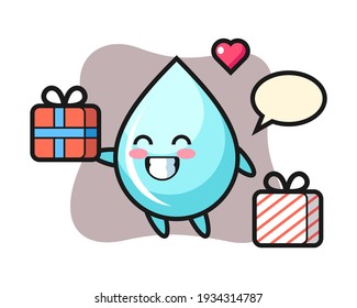 Water drop mascot cartoon giving the gift
