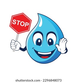 Water drop mascot holding up a Stop sign. Vector illustration isolated on white background