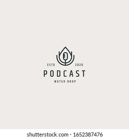 Water drop mic logo vintage. podcast, water, drop, - vector