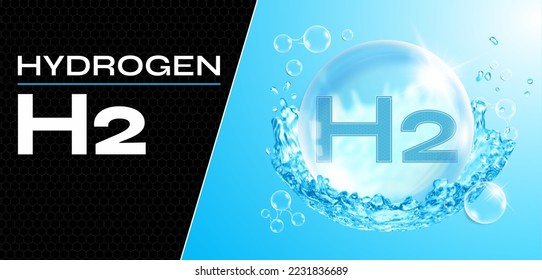 Agua de gota hidrógeno mineral H2. Gotas azules con salpicaduras de agua. Concepto de gas natural y elemento químico. Vector