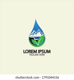 Water drop with mountain river icon Logo vector illustration for water business stock illustration