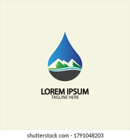 Water drop with mountain river icon Logo vector illustration for water business stock illustration