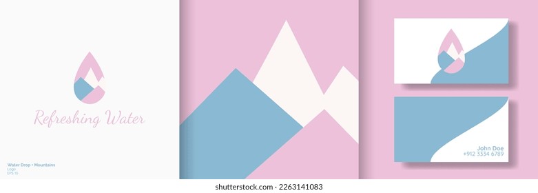 Gota de agua + Logo de las montañas. Icono del logotipo del concepto del tema de aguas limpias. Icono de la naturaleza minimalista. Ilustración vectorial. EPS 10
