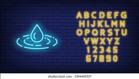 Water drop neon sign. Harmony, zen and meditation concept. Advertisement design. Night bright neon sign, colorful billboard, light banner. Vector illustration in neon style.