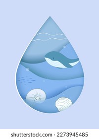 Water drop with ocean landscape. Whale and shell on a blue background. Illustration in paper cut style.