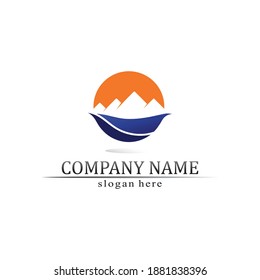 Logotipo de diseño de imágenes de la onda oceánica vectorial del sol y la montaña