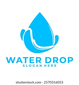 Water drop on blue color logo design. Water drop vector logotype.