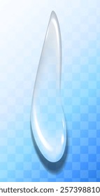 Gota de água em um fundo colorido com um efeito transparente, criando o efeito de bolha líquida ou sabão. Efeito visual; lacrimejamento, queda, muco, corrimento nasal, bolha. Conceito de produto de beleza e saúde