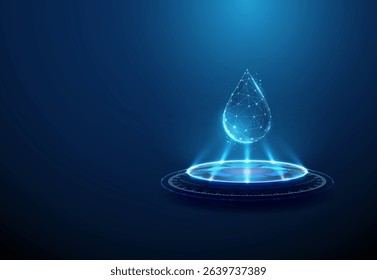 Water drop on futuristic podium. Clean water, environmental protection, water purification, sustainability concept. Glowing water symbol, sci-fi platform. Neon lighting and light beams. Vector.