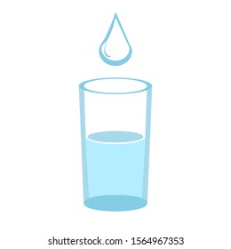 Water drop on half water glass, pure drinking water. Refreshment beverage with minerals. Minimal concept vector cartoon.