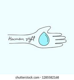 Water drop on hand representing human right. Water is human right concept. Vector illustration.