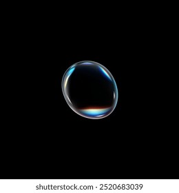 Water drop on isolated black background. Vector illustration featuring shiny rainbow droplet perfect for soap bubbles or oil. Realistic liquid drop element for design projects.