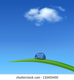 Water drop on leaf against the blue sky with clouds