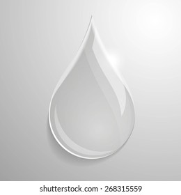 Water drop on light gray background. Transparent glass icon for weather forecast and web design.