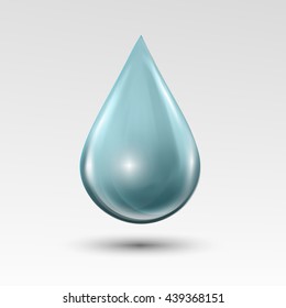 Water drop on light gray background. Water bubble with glares and highlights. Metal chrome droplet. Abstract vector illustration EPS 10 for your design and business