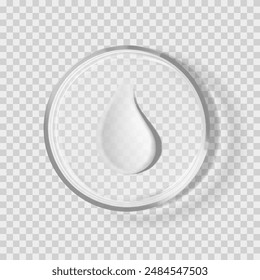 Water drop on petri dish isolated realistic vector illustration. Concept cosmetic laboratory tests and research. Transparent chemistry glassware