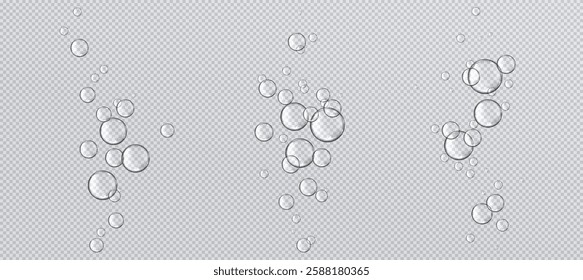 Water drop on transparent glass background. Drink droplet splash realistic texture. Clear raindrop or underwater soda effervescent effect. Fizz gas stream illustration. Oxygen mineral sparkle png