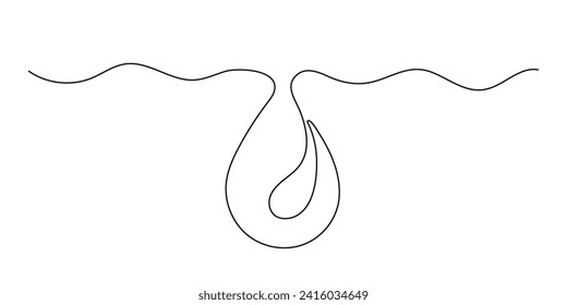 Water drop, one continuous line drawing. Drop of beverage, drink. Black simple minimalism line. Vector outline illustration