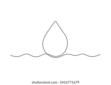 Water drop, one continuous line drawing. Drop of beverage, drink. Black simple minimalism line. Vector outline illustration