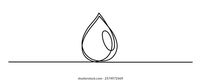 Water drop one line art,hand drawn fresh wet dew design drawing continuous contour.Aqua drinkable natural rainy dribble outline,pour moisture symbol.Isolated.Editable stroke. Vector illustration