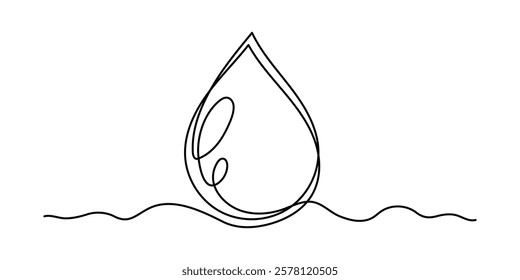 Water drop one line art,hand drawn fresh wet dew design drawing continuous contour.Aqua drinkable natural rainy dribble outline,pour moisture symbol.Isolated.Editable stroke. Vector illustration