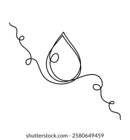 Water drop one line art,hand drawn fresh wet dew design drawing continuous contour.Aqua drinkable natural rainy dribble outline,pour moisture symbol.Isolated.Editable stroke. Vector illustration