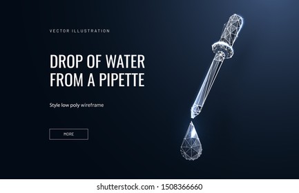 Water drop from pipette low poly landing page template. Biotechnology research, science experiments homepage design. 3d dropper with droplet polygonal illustration. Hospital lab equipment web banner