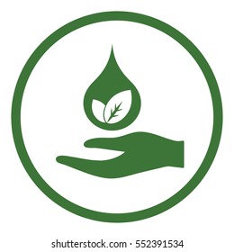 water drop plant leaf in the hand care eco bio icon simple green in white circle