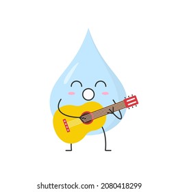 Water drop plays the guitar sings cute funny character cartoon smile face happy joy emotions icon vector illustration.