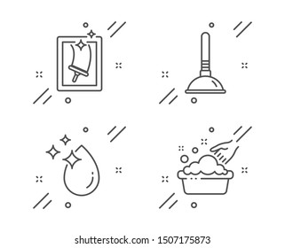 Water drop, Plunger and Window cleaning line icons set. Hand washing sign. Crystal aqua, Clogged pipes cleaner, Housekeeping service. Laundry basin. Cleaning set. Line water drop outline icon. Vector