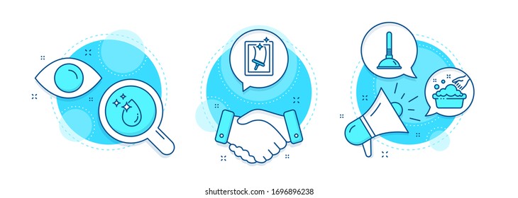 Iconos de la línea de limpieza de caída de agua, émbolo y ventana. Iconos complejos de trato de manos, investigación y promoción. Señal de lavado de manos. Agua cristalina, Limpiador de tuberías obstruidas, Servicio de limpieza. Vector