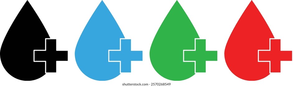 Water drop with plus icon. Clean water sign. Water drops with plus sign in line and fill flat style for drinking, vector illustration.