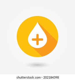 Water drop with plus sign icon. Flat button with long shadow. Modern UI website navigation.