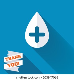 Water drop with plus sign icon. Softens water symbol. White flat icon with long shadow. Paper ribbon label with Thank you text. Vector