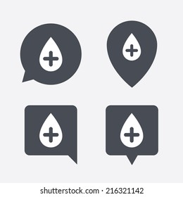 Water Drop With Plus Sign Icon. Softens Water Symbol. Map Pointers Information Buttons. Speech Bubbles With Icons. Vector