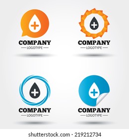 Water drop with plus sign icon. Softens water symbol. Business abstract circle logos. Icon in speech bubble, wreath. Vector