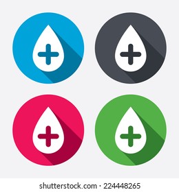 Water drop with plus sign icon. Softens water symbol. Circle buttons with long shadow. 4 icons set. Vector