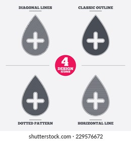Water drop with plus sign icon. Softens water symbol. Diagonal and horizontal lines, classic outline, dotted texture. Pattern design icons.  Vector