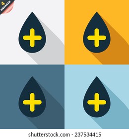 Water drop with plus sign icon. Softens water symbol. Four squares. Colored Flat design buttons. Vector