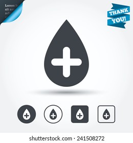 Water drop with plus sign icon. Softens water symbol. Circle and square buttons. Flat design set. Thank you ribbon. Vector