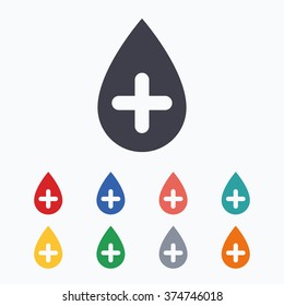 Water drop with plus sign icon. Softens water symbol. Colored flat icons on white background.