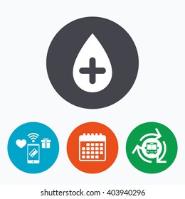 Water drop with plus sign icon. Softens water symbol. Mobile payments, calendar and wifi icons. Bus shuttle.