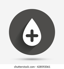Water drop with plus sign icon. Softens water symbol. Circle flat button with shadow. Vector
